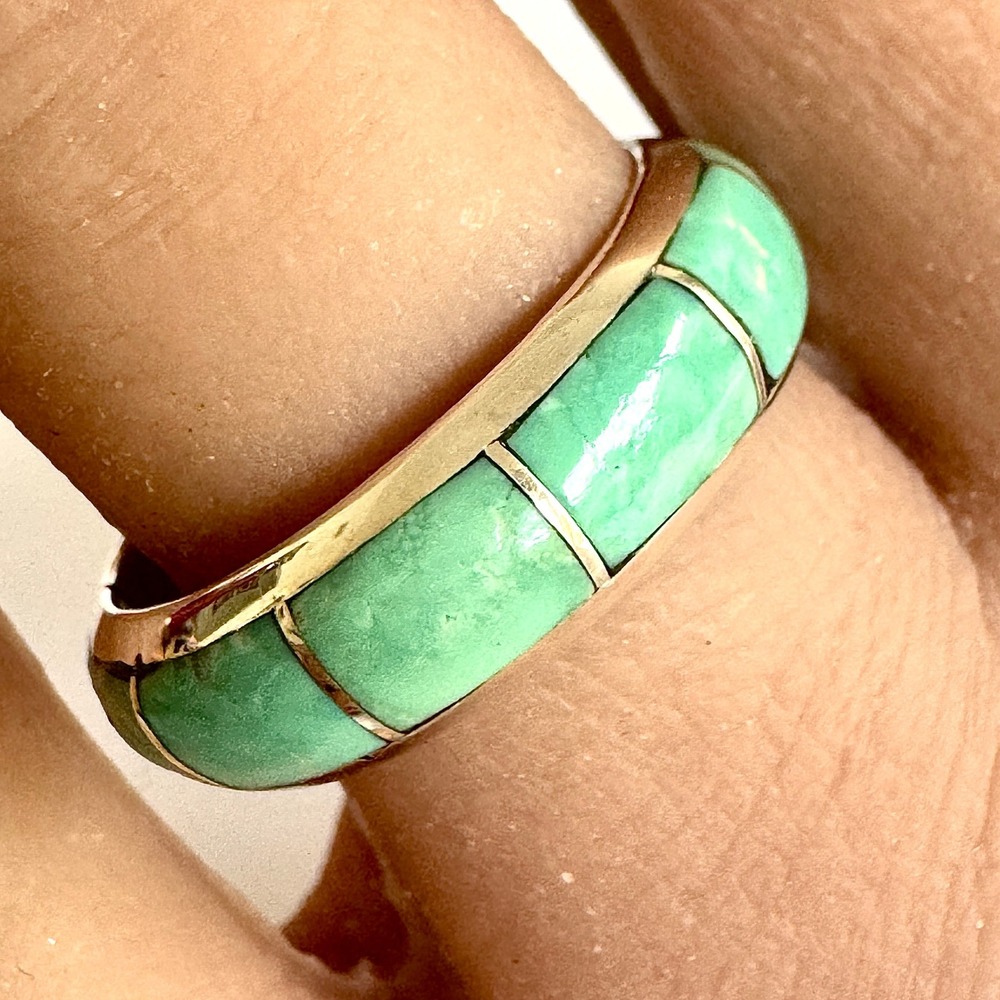 Native American Turquoise Wedding Band Sz 8.5 Ring 6mm Signed MK Zuni Inlay